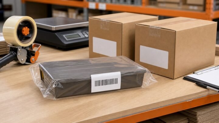 Brown multi-catch mouse trap in protective packaging with barcode label and export cartons on an FBA preparation bench