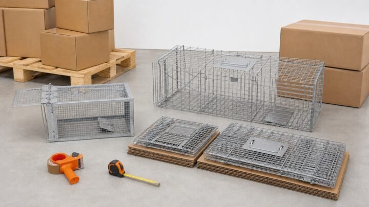 Rigid and collapsible cage traps beside export cartons, a pallet and a tape measure for freight planning