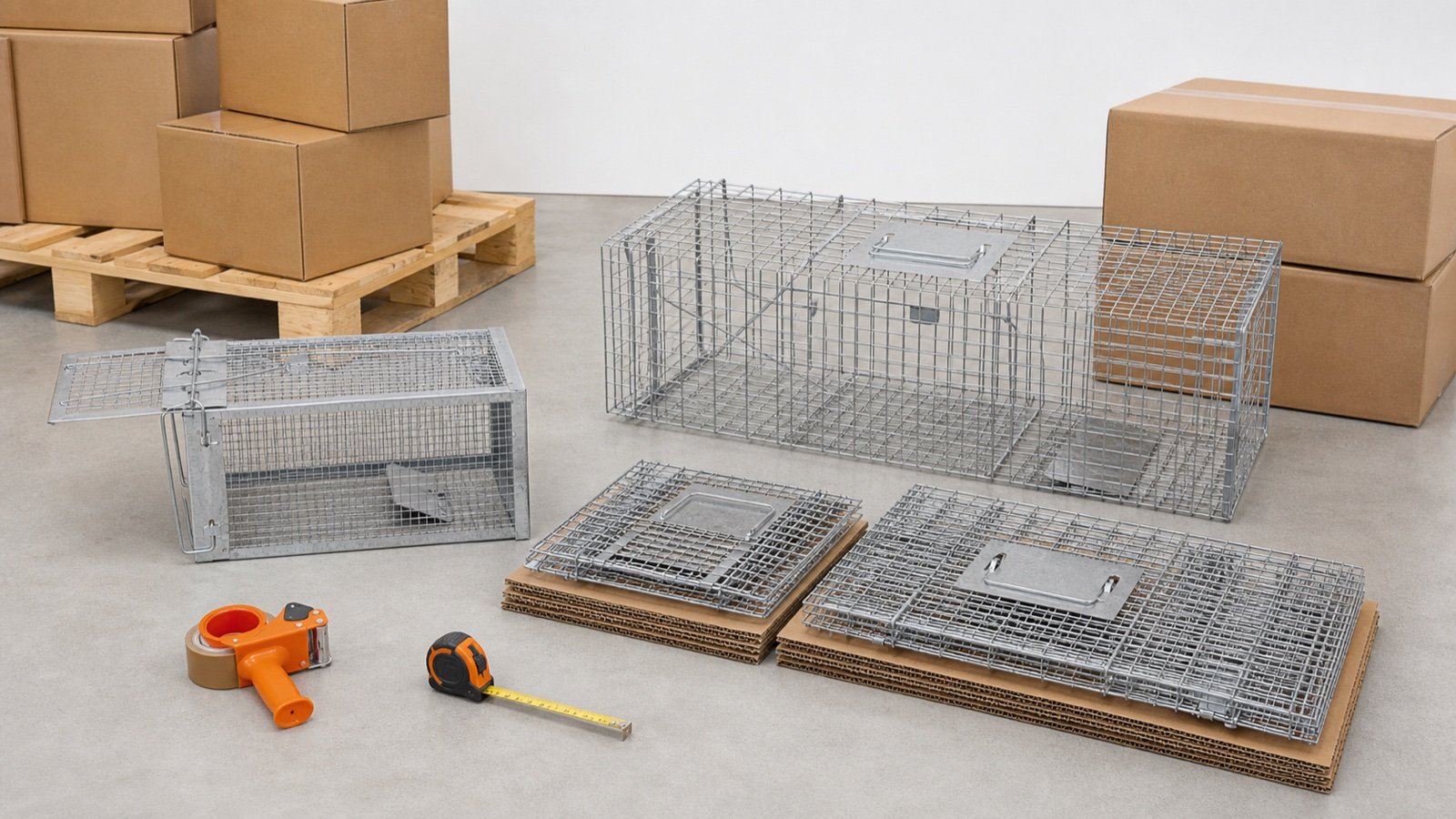 Rigid and collapsible cage traps beside export cartons, a pallet and a tape measure for freight planning