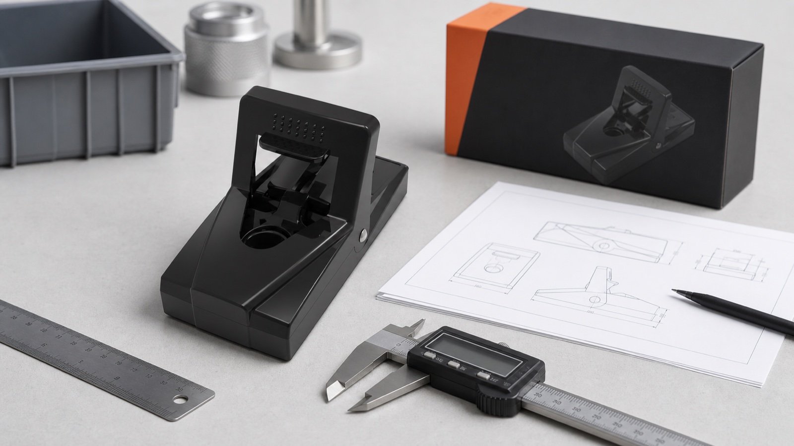 Black plastic mouse snap trap on a supplier quality inspection bench with caliper and packaging sample
