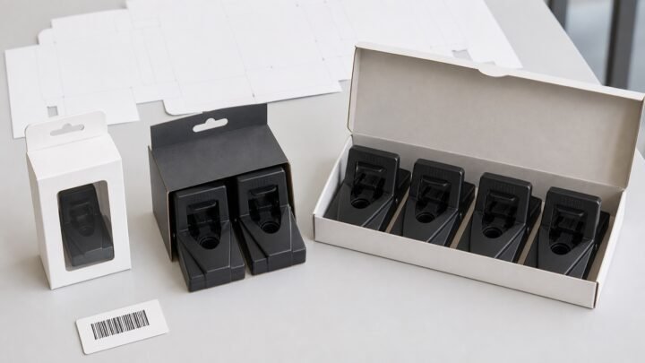 Mouse snap traps arranged as one-pack, two-pack and four-pack retail packaging prototypes
