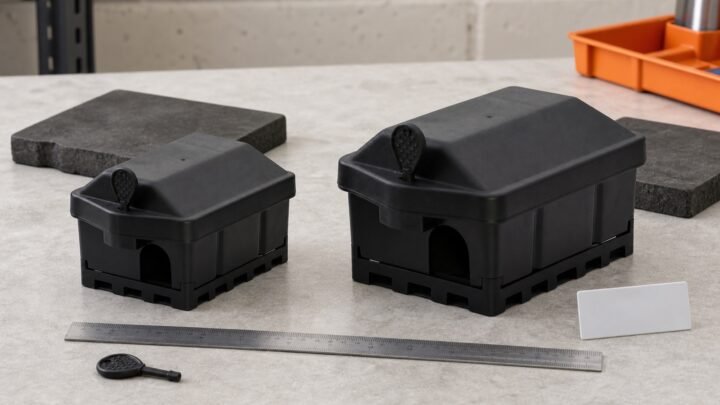 Mouse and rat bait stations with weighted bases compared side by side on a product evaluation bench
