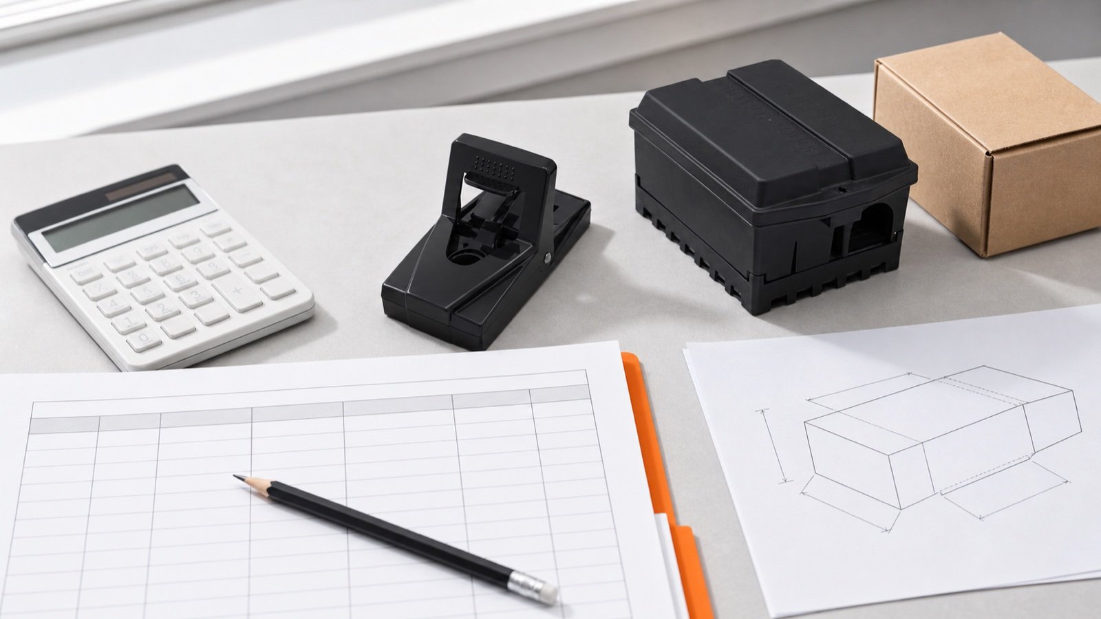 Pest control products beside a quotation sheet, calculator and carton-dimension drawing on a procurement desk