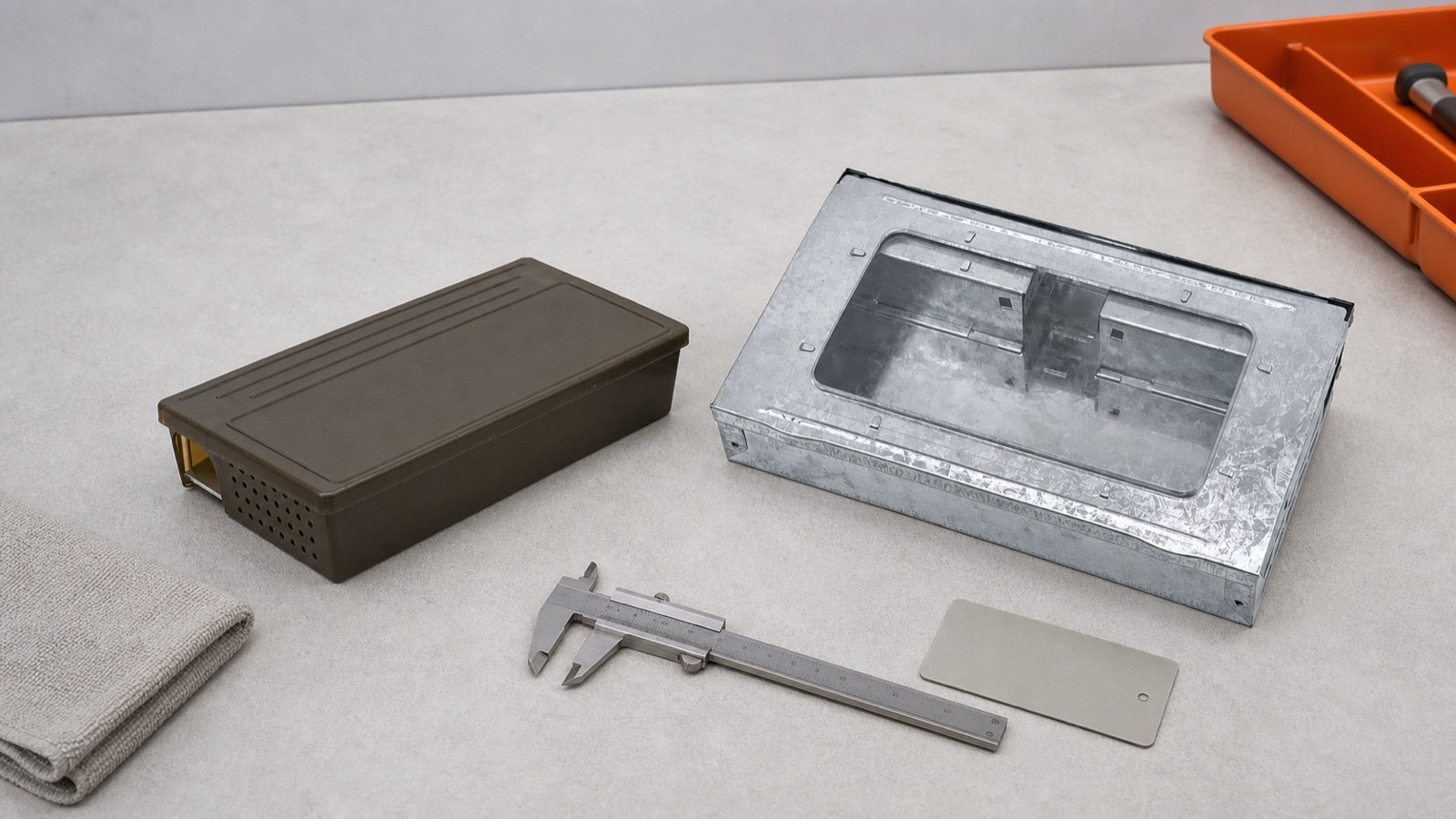 Brown plastic and galvanized clear-lid multi-catch mouse traps compared on an inspection bench