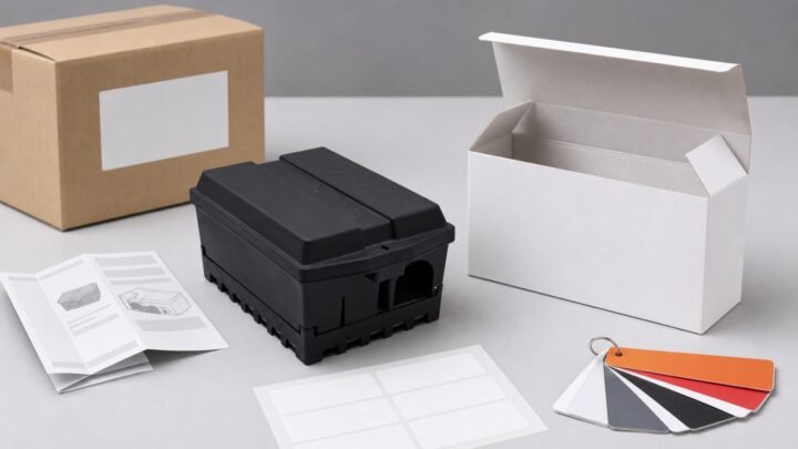 Black rodent bait station beside retail box, instruction leaflet, label sheet and packaging color swatches