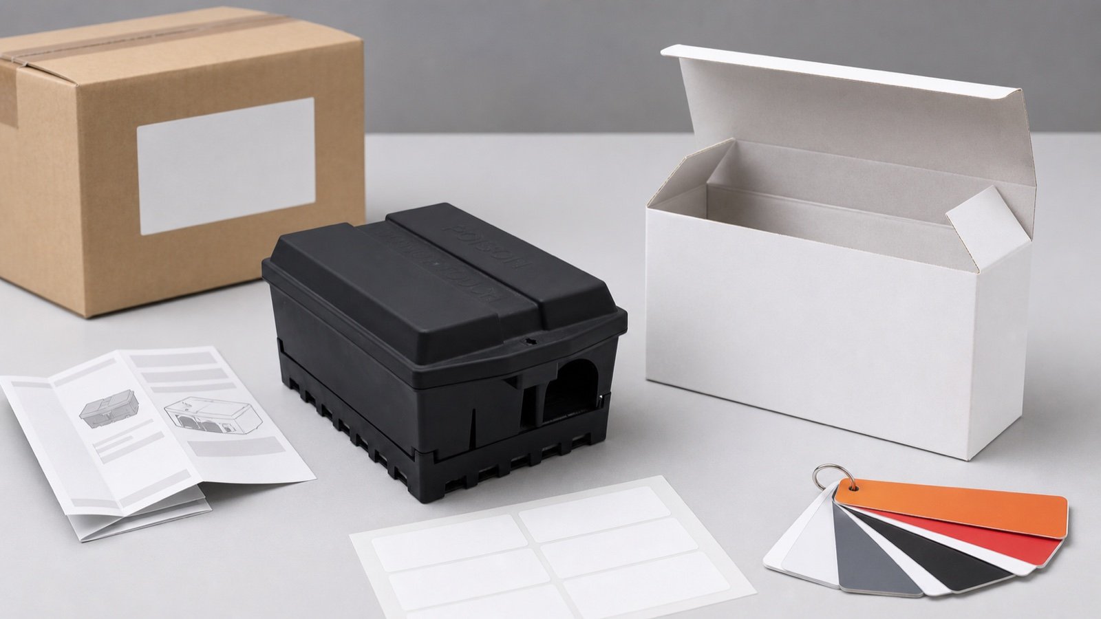 Black rodent bait station beside retail box, instruction leaflet, label sheet and packaging color swatches